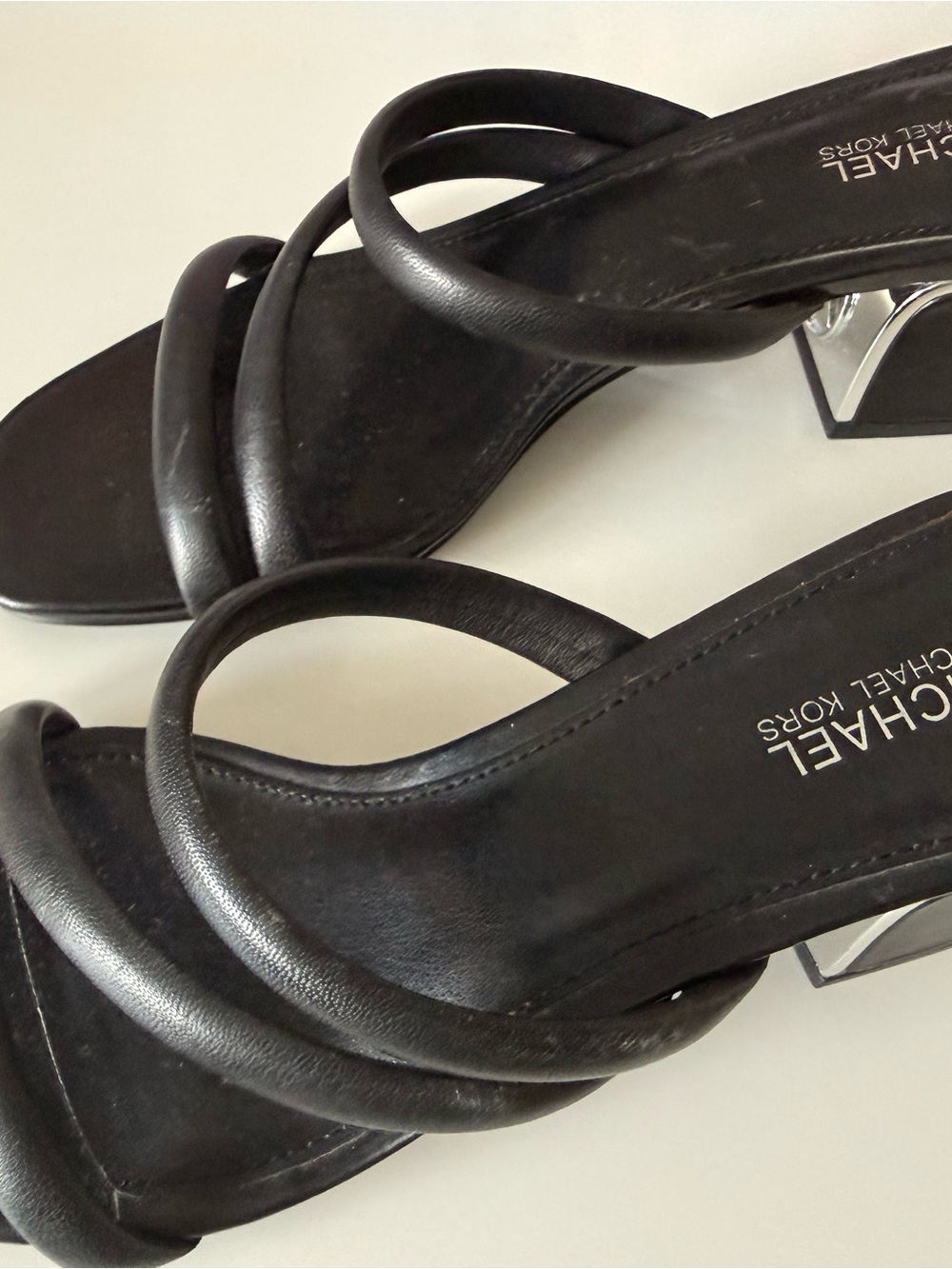Michael Kors Black Leather Multi-Strap Sandals with Metallic Block Heel